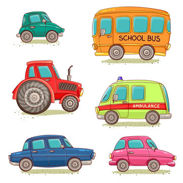 Set of isolated images with cars, ambulance, tractor and school bus. Vector illustration