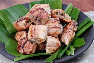 Close up Thai roasted banana with sweet sauce