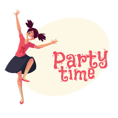 Full length portrait of teenaged black haired girl with ponytails dancing, cartoon style invitation, greeting card design. Party invitation, advertisement, Smiling girl with ponytails dancing