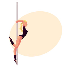 Young woman in black leotard standing at the pole, cartoon style vector illustration on yellow background, place for text. Young, slim and beautiful pole dancer standing sexually at the pole