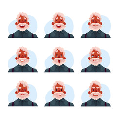 Grey haired old african man face expression, set of cartoon vector illustrations isolated on blue background. Old black man, grandfather emoji face icons, set of male avatars with different emotions