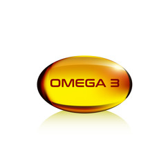 Realistic yellow gelatin capsule with omega 3, isolated on white, vector illustration