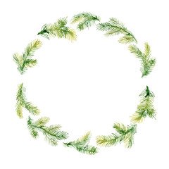 Watercolor Christmas tree branches in Xmas wreath.