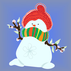 Snowman in Spring on Blue Background