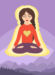 Girl in the lotus position on the background of mountain landscape. woman in meditation.
flat vector illustration.