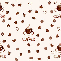 Vector seamless pattern with watercolor coffee and heart