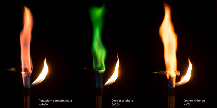 Different Colored Flames Of Burning Salts. Potassium Permangate, Copper Sulphate And Sodium Chloride Salts Combusting In Bunsen Burner Flame