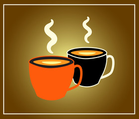 Two cups of hot drink coffee, tea, cocoa, smoky, vector illustration