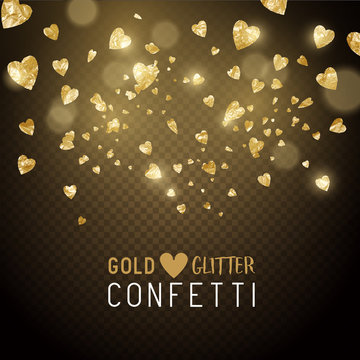 Luxury falling shiny and gold metallic heart shaped confetti. Vector illustration.