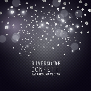 Luxury Celebrations background with falling pieces of metallic silver glitter and confetti, vector illustration.