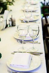 Empty glassware stands between dinner plates