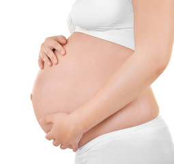 Pregnant woman on white background, closeup