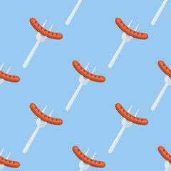 Seamless pattern with sausage on fork. Vector texture.