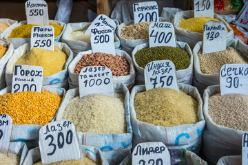 Cereals, rice and dry vegetables for sale in bags