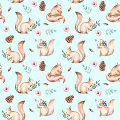 Seamless pattern with watercolor squirrels, fir cones, pink flowers and green branches, hand drawn isolated on a light-blue background