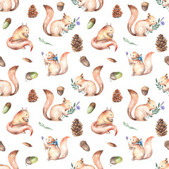 Seamless pattern with watercolor squirrels, fir cones and oak acorns, hand drawn isolated on a white background