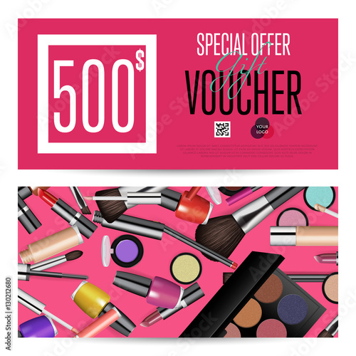 "Cosmetics gift voucher template. Gift coupon with fashion makeup