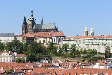 Fototapeta na wymiar Panorama of Prague Castle and St. Vitus cathedral, Prague, Czech Republic. Unique view from a hot air balloon