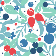 Vector flat flowers and berries, seamless creative pattern.