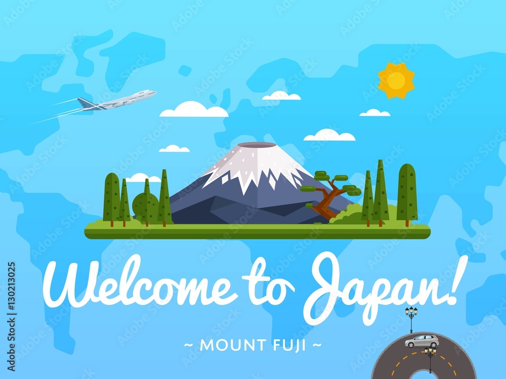 Wall mural welcome to japan poster with famous attraction vector illustration. travel design with fujiyama moun