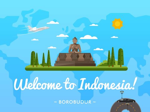 Welcome to Indonesia poster with famous attraction vector illustration. Travel design with Borobudur ancient temple. Worldwide air traveling, famous world building, discover new historical places