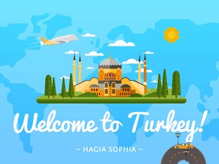 Welcome to Turkey poster with famous attraction vector illustration. Travel design with Saint Sophie Cathedral in Istanbul. Worldwide air traveling, time to travel, discover new places, explore world