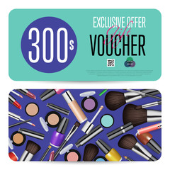 Cosmetics gift voucher template. Gift coupon with fashion makeup accessories and prepaid sum. Makeup brush, powder, lipstick, pencil, polish vectors. Special exclusive offer for cosmetics product sale