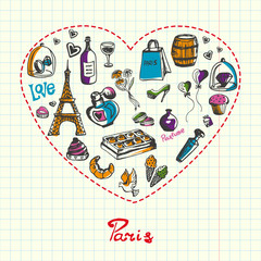 Love Paris. Dotted heart filled with colored doodles associated with french capital drawn on squared paper vector. Memories about Europe journey. Sketched cosmetics, Eiffel, sweets, jewelry icons