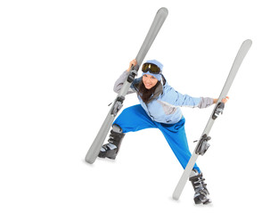 Young girl in sportwear with ski isolated over white