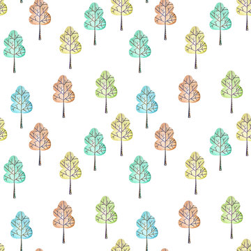 Seamless floral pattern with simple trees, hand drawn in watercolor on a white background