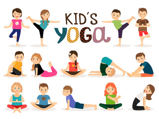 Young kids in different yoga poses on white background. Vector illustration