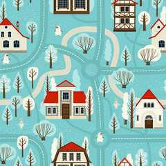 Illustration city map. Cartoon. Seamless pattern. Winter
