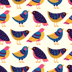 Seamless pattern with birds. Freehand drawing