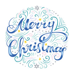 Merry Christmas card with freehand lettering and line art drawing.