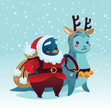 Cute Penguin in costume of Santa Klaus standing with Seal.