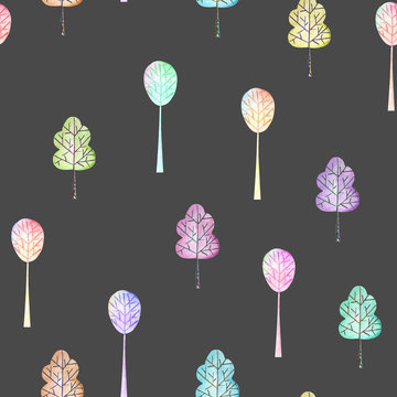 Seamless floral pattern with simple multicolored trees, hand drawn in watercolor on a dark background