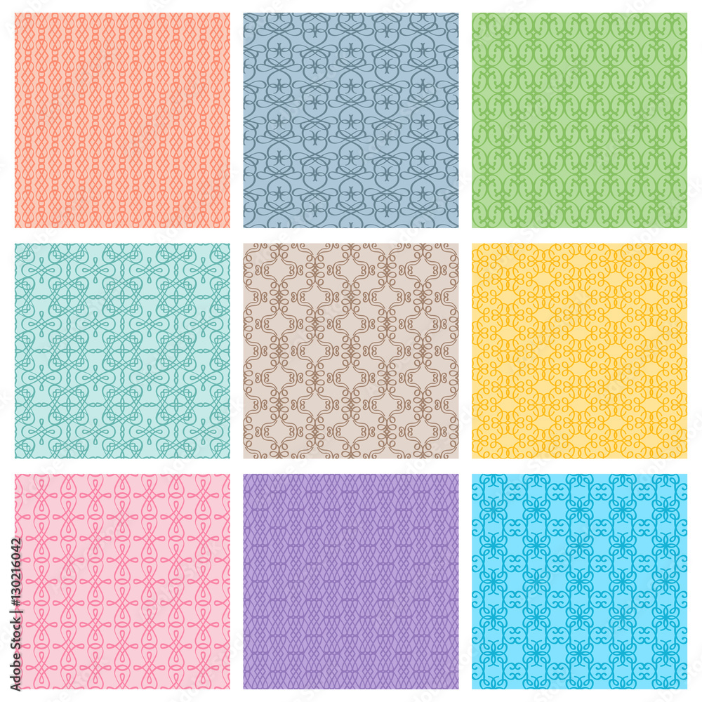 Poster set of different color patterns with calligraphic line ornament. vector illustration