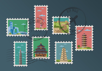 Chinese postage stamps and postmarks on blue background, isolated vector illustration. Asian architecture attractions, famous traditional and modern buildings in flat design. Travel concept.