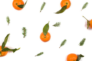 Christmas composition. Christmas frame with tangerines, fir branches, cinnamon sticks, anise star. Flat lay, top view