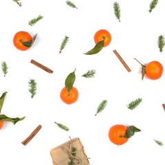 Christmas composition. Christmas frame with tangerines, fir branches, cinnamon sticks, anise star. Flat lay, top view