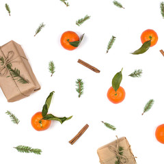 Christmas composition. Christmas frame with tangerines, fir branches, cinnamon sticks, anise star. Flat lay, top view