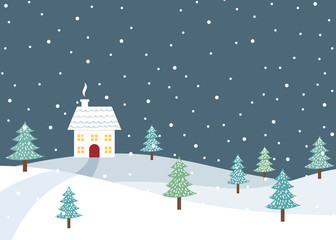 Fototapeta na wymiar Christmas winter rural landscape with single home
