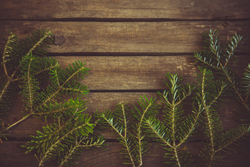 Wooden old vintage background with green branches