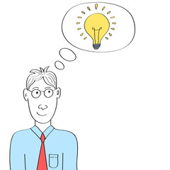 Cartoon man thinking bright idea light bulb