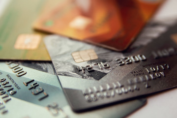 credit cards, close up view with selective focus