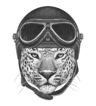 Portrait of Leopard in Vintage Helmet. Hand drawn illustration.