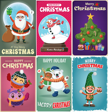 Vintage Christmas poster design with Santa Claus, elf, reindeer, snowman, tree, owl, polar bear characters.