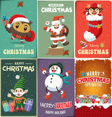 Vintage Christmas poster design with Santa Claus, elf, reindeer, snowman, owl, characters.