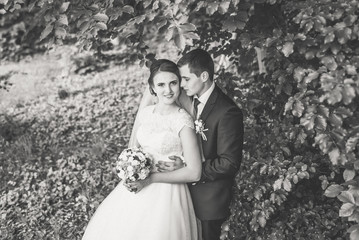 Portrait of bride and groom on the forest