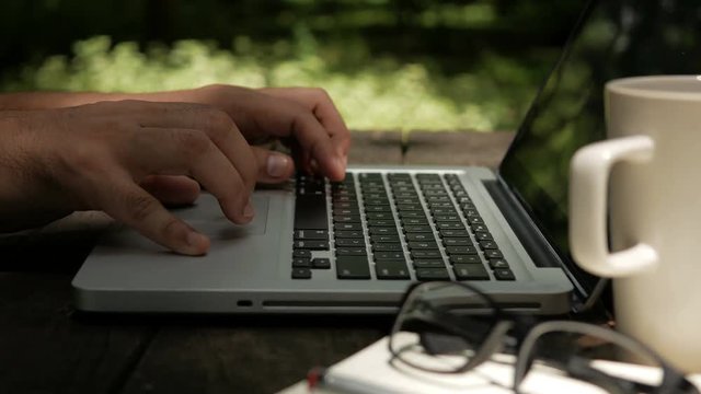 Freelancer man working on computer laptop in the park green nature background.